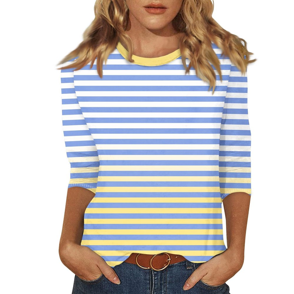 3/4 Length Sleeve Womens Tops Striped Casual Crew Neck T Shirts Loose Fit Color Block Business Dressy Blouses Summer Tops for Women 2025 Striped Tshirt Women Women's T-Shirts, Sky Blue, XX-Large