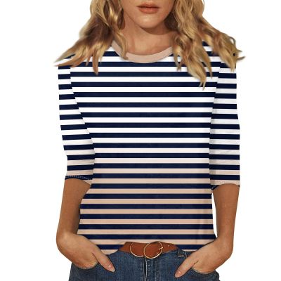 3/4 Length Sleeve Womens Tops Striped Casual Crew Neck T Shirts Loose Fit Color Block Business Dressy Blouses Summer Tops for Women 2025 Striped Tshirt Women Women's T-Shirts, Black, X-Large