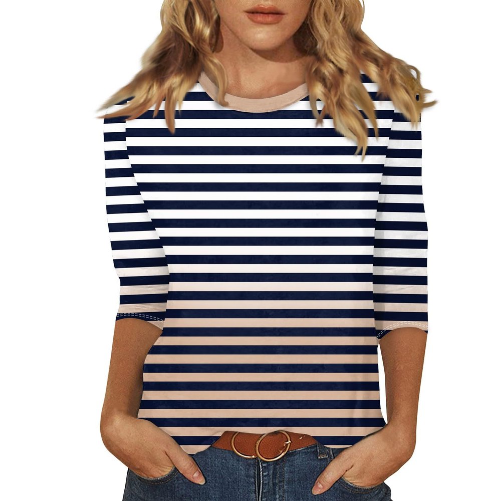 3/4 Length Sleeve Womens Tops Striped Casual Crew Neck T Shirts Loose Fit Color Block Business Dressy Blouses Summer Tops for Women 2025 Striped Tshirt Women Women's T-Shirts, Black, X-Large