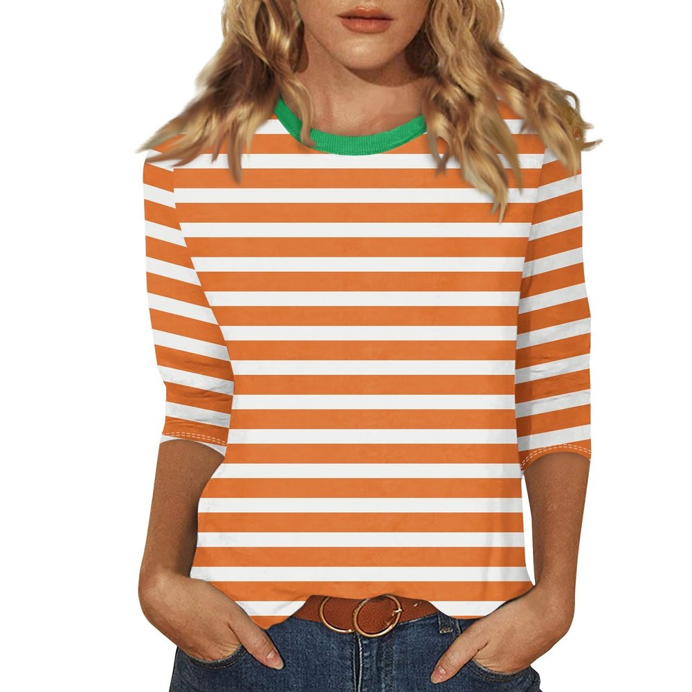 3/4 Length Sleeve Womens Tops Striped Casual Crew Neck T Shirts Loose Fit Color Block Business Dressy Blouses Summer Tops for Women 2025 Striped Tshirt Women Women's T-Shirts, Orange, XX-Large