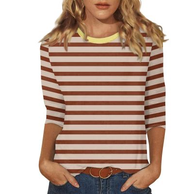 3/4 Length Sleeve Womens Tops Striped Casual Crew Neck T Shirts Loose Fit Color Block Business Dressy Blouses Summer Tops for Women 2025 Striped Tshirt Women Women's T-Shirts, Wine, XX-Large