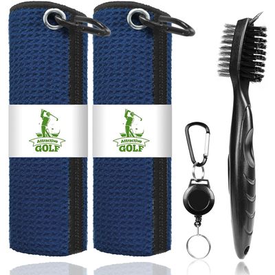 ATTRACTIVE Golf Towels, Microfiber Waffle Pattern Towels - Golf Club Brush with Cleaning (Navy Blue)