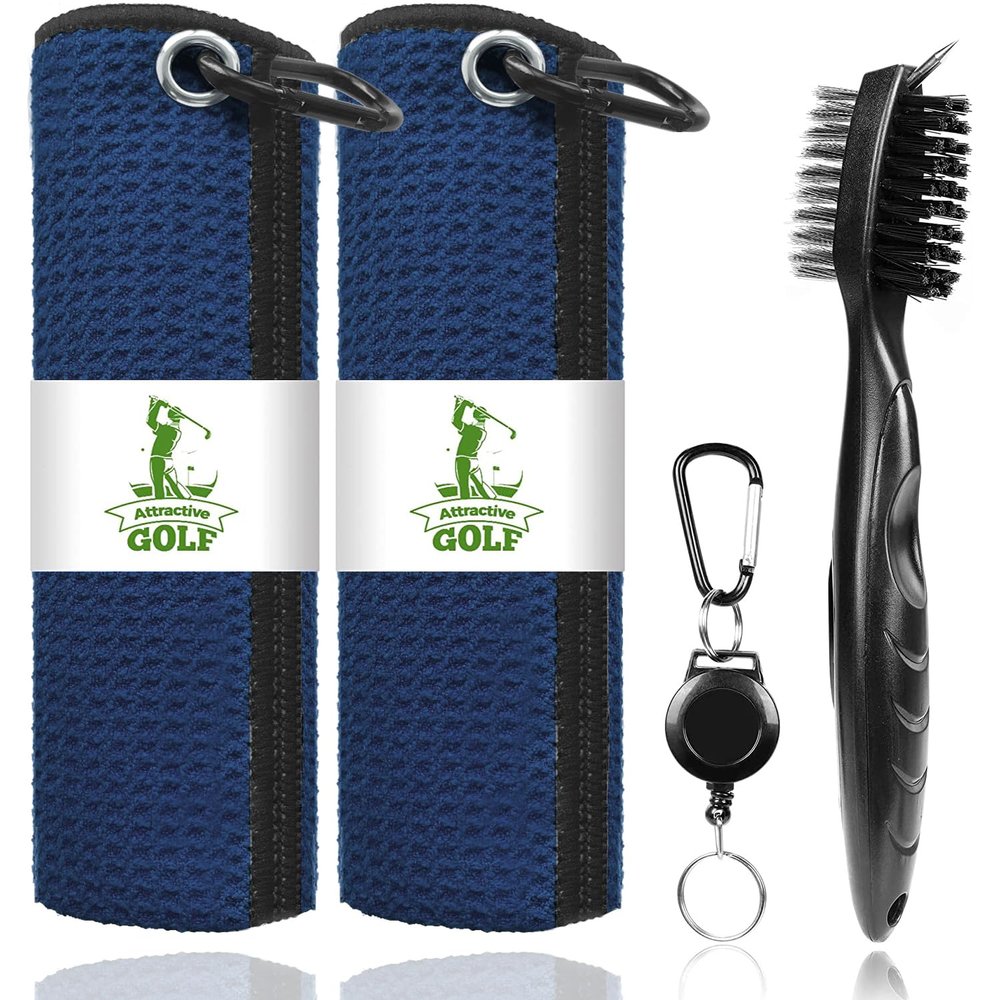 ATTRACTIVE Golf Towels, Microfiber Waffle Pattern Towels - Golf Club Brush with Cleaning (Navy Blue)