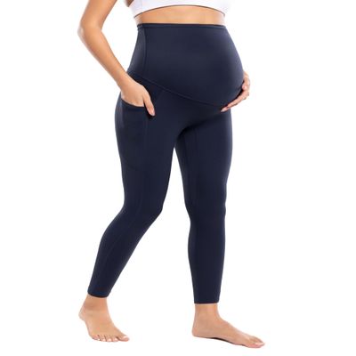 POSHDIVAH Women's Maternity Workout Leggings with Pockets Over The Belly Pregnancy Soft Athletic Work Yoga Pants Deep Navy Medium