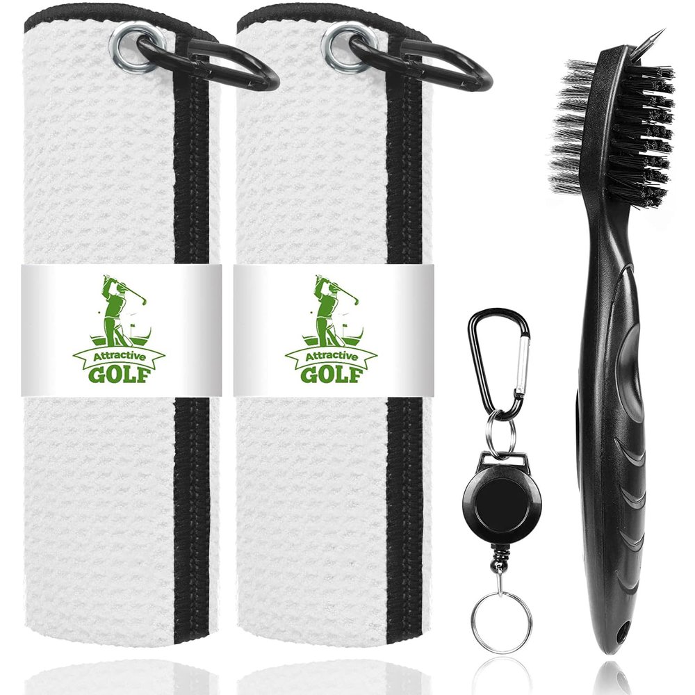 ATTRACTIVE Golf Towels, Microfiber Waffle Pattern Towels - Golf Club Brush with Cleaning (White)