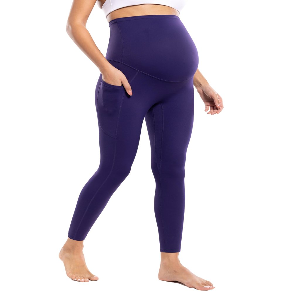 POSHDIVAH Women's Maternity Workout Leggings with Pockets Over The Belly Pregnancy Soft Athletic Work Yoga Pants Navy Blue Medium