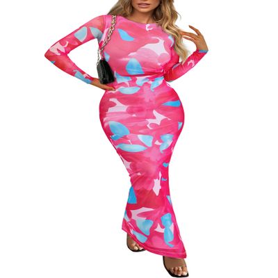 PRETTYGARDEN Women's Bodycon Maxi Dress Fall Spring Fashion Long Sleeve Floral Print Tight Fitted Party Club Ruched Dresses (Rose Red,Large)