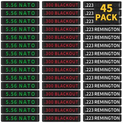 45 Pack Miaozhun Magazine Marking Bands, 5.56 NATO, .223 Remington, .300 Blackout Magazine Caliber Identification (Black Base with Red/Green/White Lettering)