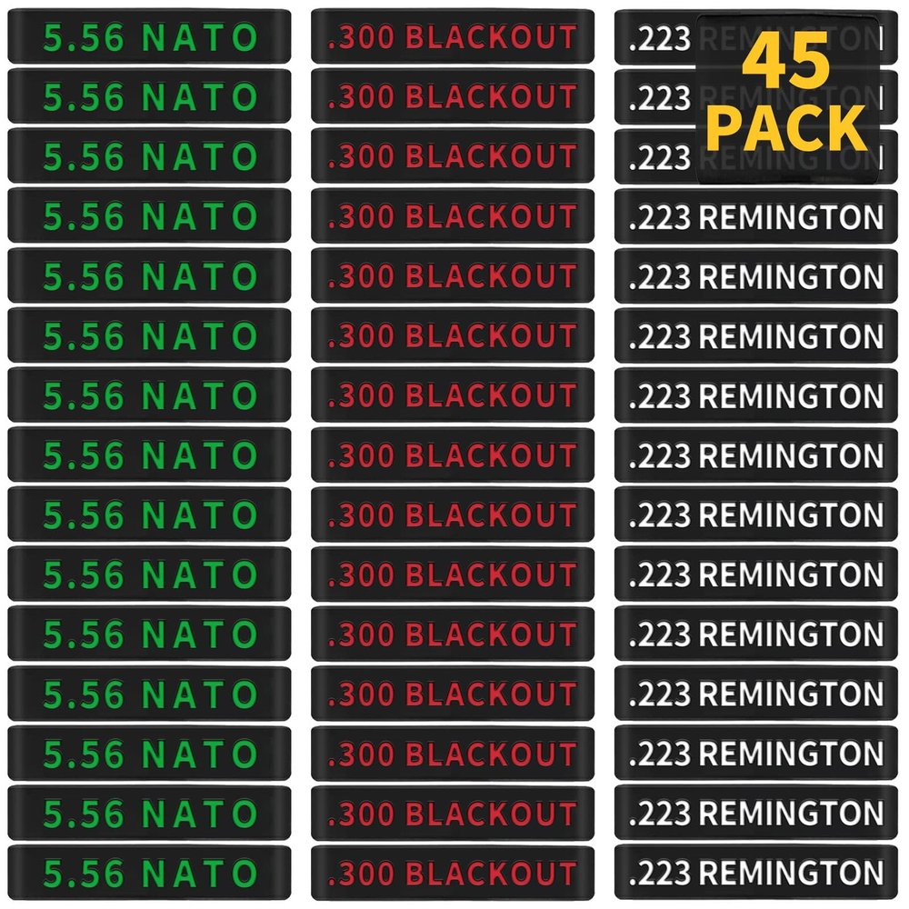 45 Pack Miaozhun Magazine Marking Bands, 5.56 NATO, .223 Remington, .300 Blackout Magazine Caliber Identification (Black Base with Red/Green/White Lettering)