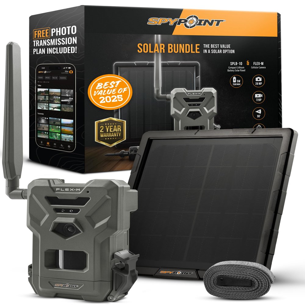 SPYPOINT Flex-M Solar Bundle - Cellular Trail Camera with Solar Panel, Best in Hunting Accessories, No WiFi Needed, GPS, Night Vision, Motion Activated, Dual-Sim LTE, IP65 Water-Resistant Game Camera