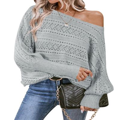 Cakulo Womens Off Shoulder Sweater Top Fall Outfits Fashion 2025 Oversized Knit Batwing Long Sleeve Crochet Sweaters Grey L