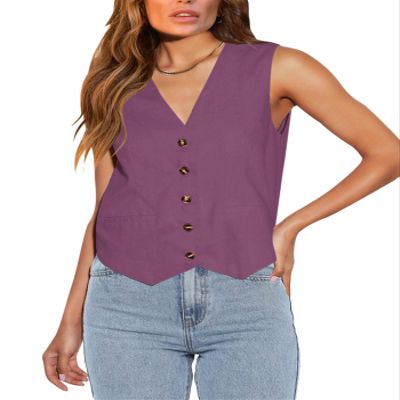 Floral Find Womens Casual Button Down Sleeveless Vest Fully Lined V Neck Business Jacket Waistcoat with Pocket (Purple, Large)