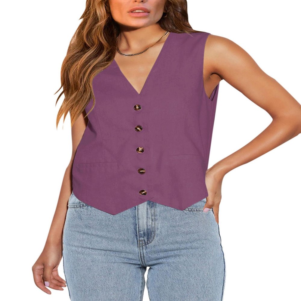 Floral Find Womens Casual Button Down Sleeveless Vest Fully Lined V Neck Business Jacket Waistcoat with Pocket (Purple, Large)