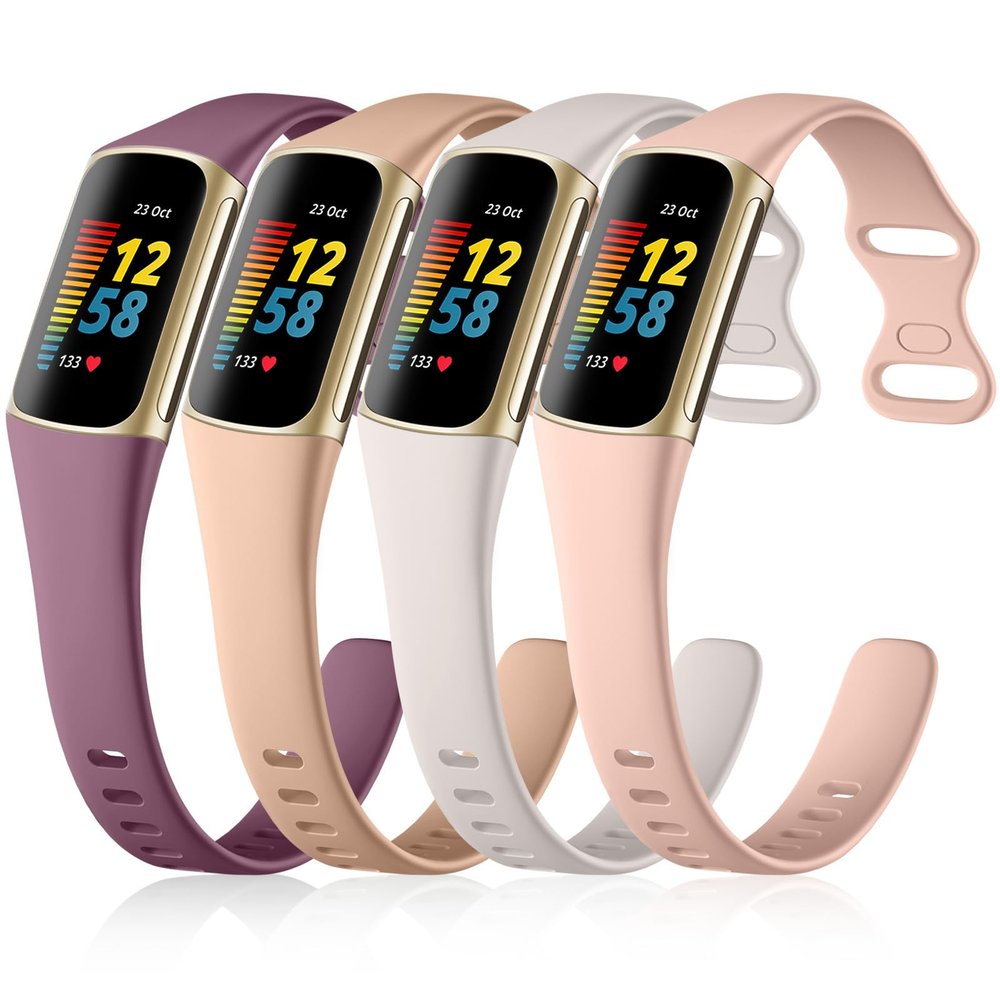 GEAK Slim Band Compatible with Fitbit Charge 5/Charge 6 Bands for Women Men, Soft Silicone Sport Replacement Wristbands for Fitbit Charge 5/Charge 6 Fitness Tracker, Violet/Starlight/Milk Tea/Pink