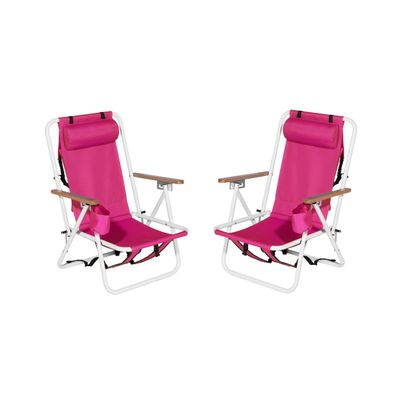 Backpack Beach Chairs for Adults, 2-Pack Sling Camping/Sunbathing Chairs with Headrest, Cup Holder and Wooden Armrests, Lightweight Folding Chair, Adjustable Lounge Chair for Outdoor,Travel,Pink