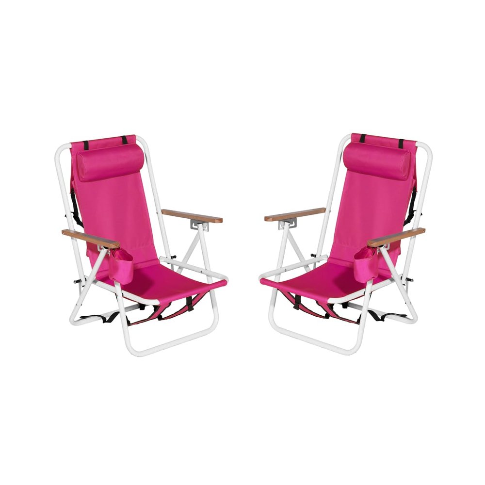 Backpack Beach Chairs for Adults, 2-Pack Sling Camping/Sunbathing Chairs with Headrest, Cup Holder and Wooden Armrests, Lightweight Folding Chair, Adjustable Lounge Chair for Outdoor,Travel,Pink