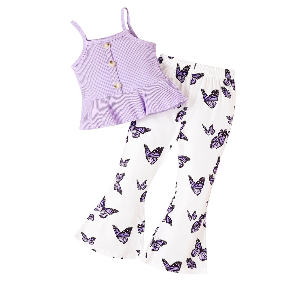 NineFit Basics Kids Girls' Knitted Ruffles Hem Vest Tops Butterfly Print Flare Pants 2 Pcs Summer Fashion Girls (Purple, 5 Years)