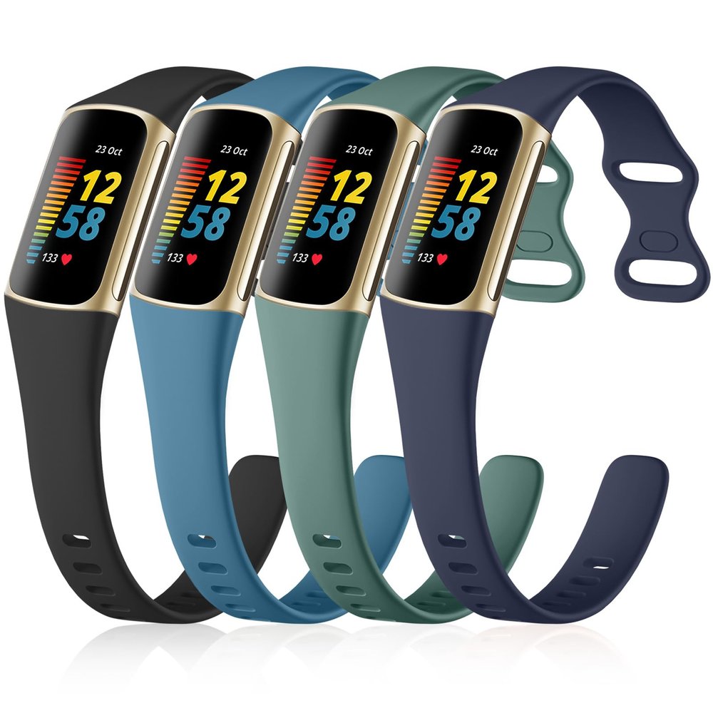 GEAK 4 Pack Slim Band Compatible with Fitbit Charge 5/6 Bands for Women & Men, Soft Silicone Sport Replacement Wristbands for Fitbit Charge 5/6 Fitness Tracker, Black/Plum/Slate/Pine Green