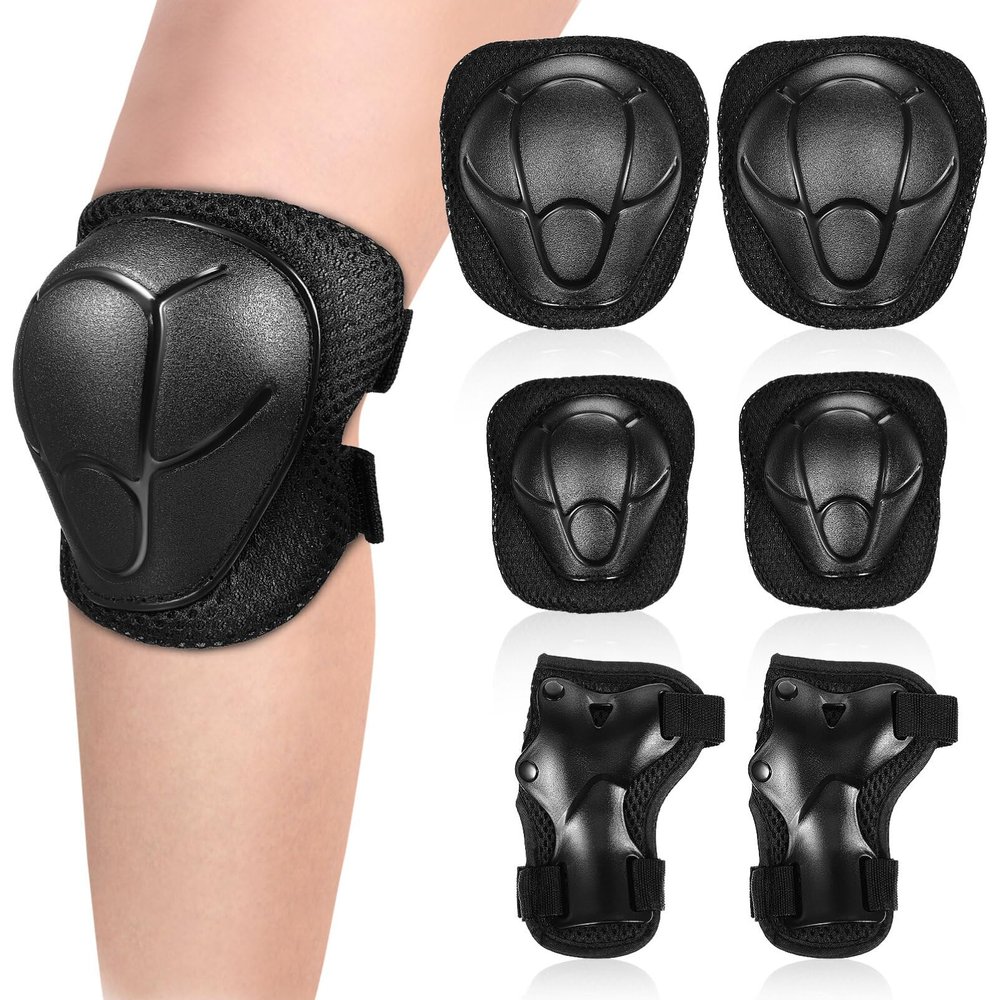Happyyami 1 Set Elbow and Knee Pads, Skating Protective Gear, Snowboarding Knee Pads, Adjustable S Size (15-30kg), Black, Pp Shell, Mesh Fabric, Velvet Lining, Elastic Band, Touch Fastener