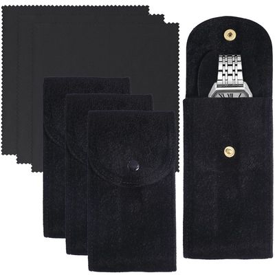 Beebeecraft 3 Sets Rectangle Velvet Single Watch Storage Bags Black Travel Case for Women and Men Organizer Protective Watch Box Pouch