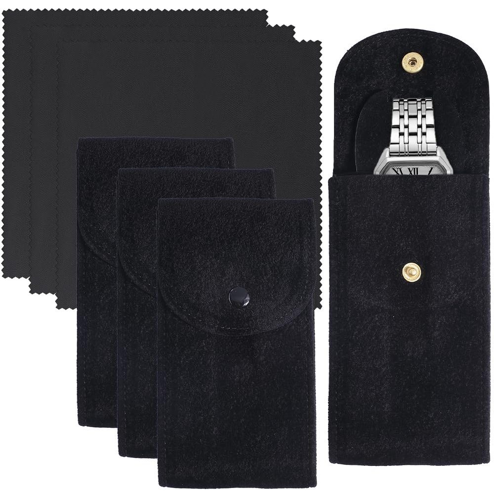 Beebeecraft 3 Sets Rectangle Velvet Single Watch Storage Bags Black Travel Case for Women and Men Organizer Protective Watch Box Pouch
