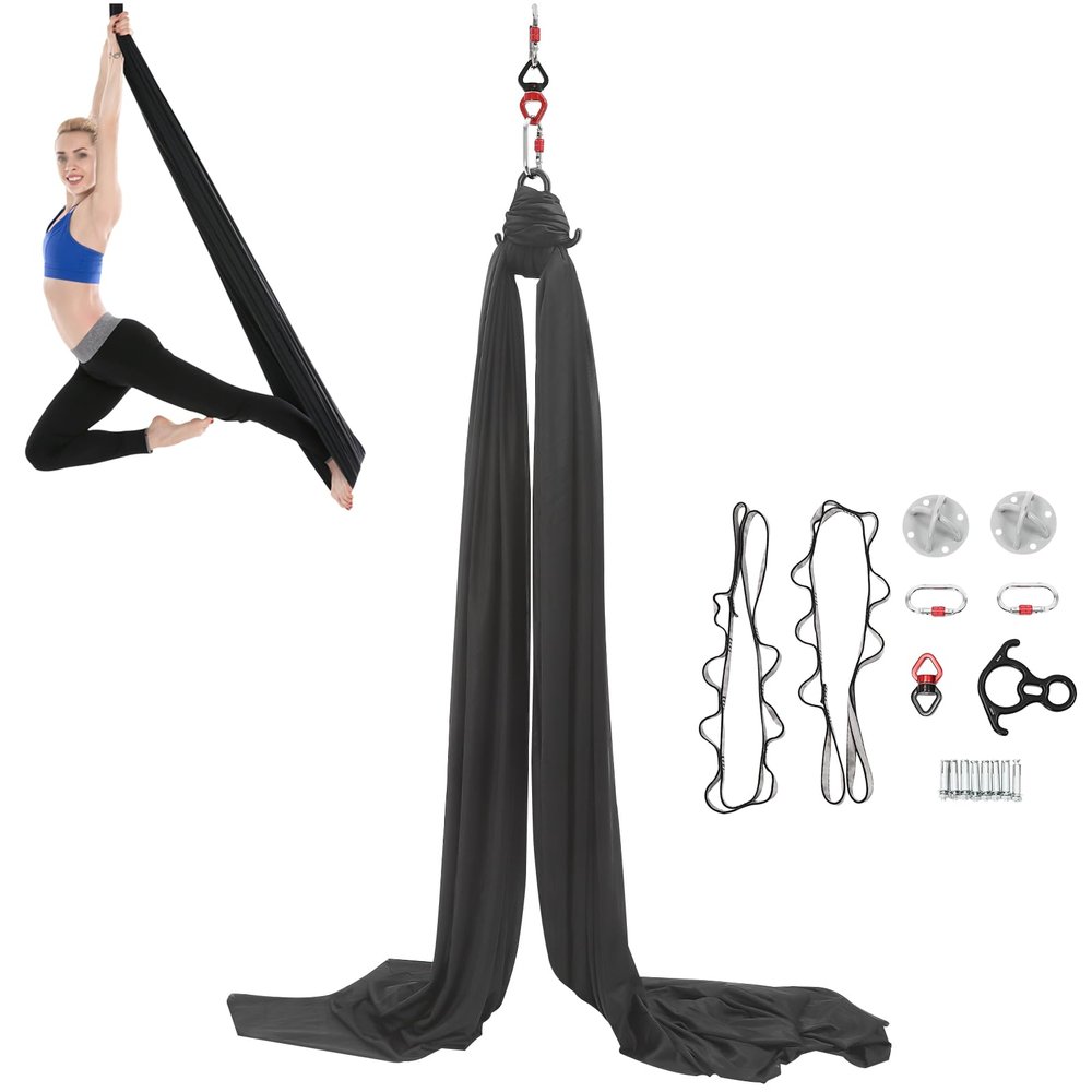 Aerial Silks Starter Kit, 5.5 Yards Equipment Set for Aerial Yoga, Durable Aerial Yoga Hammock Aerial Swing for Aerial Acrobatic, Aerial Dance & All Levels (Black, L:5m W:2.6m)