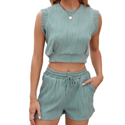 Bestgift Round neck T-shirt shorts set women solid color drawstring pockets Green M