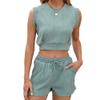 Bestgift Round neck T-shirt shorts set women solid color drawstring pockets Green M view 1