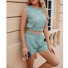 Bestgift Round neck T-shirt shorts set women solid color drawstring pockets Green M view 2
