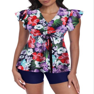 ECUPPER Women Short Sleeve Tankini Swim Dress Ruffled Flowy Skirt Swimsuits Tummy Control Two Piece Bathing Suits with Shorts Purple Flower Small