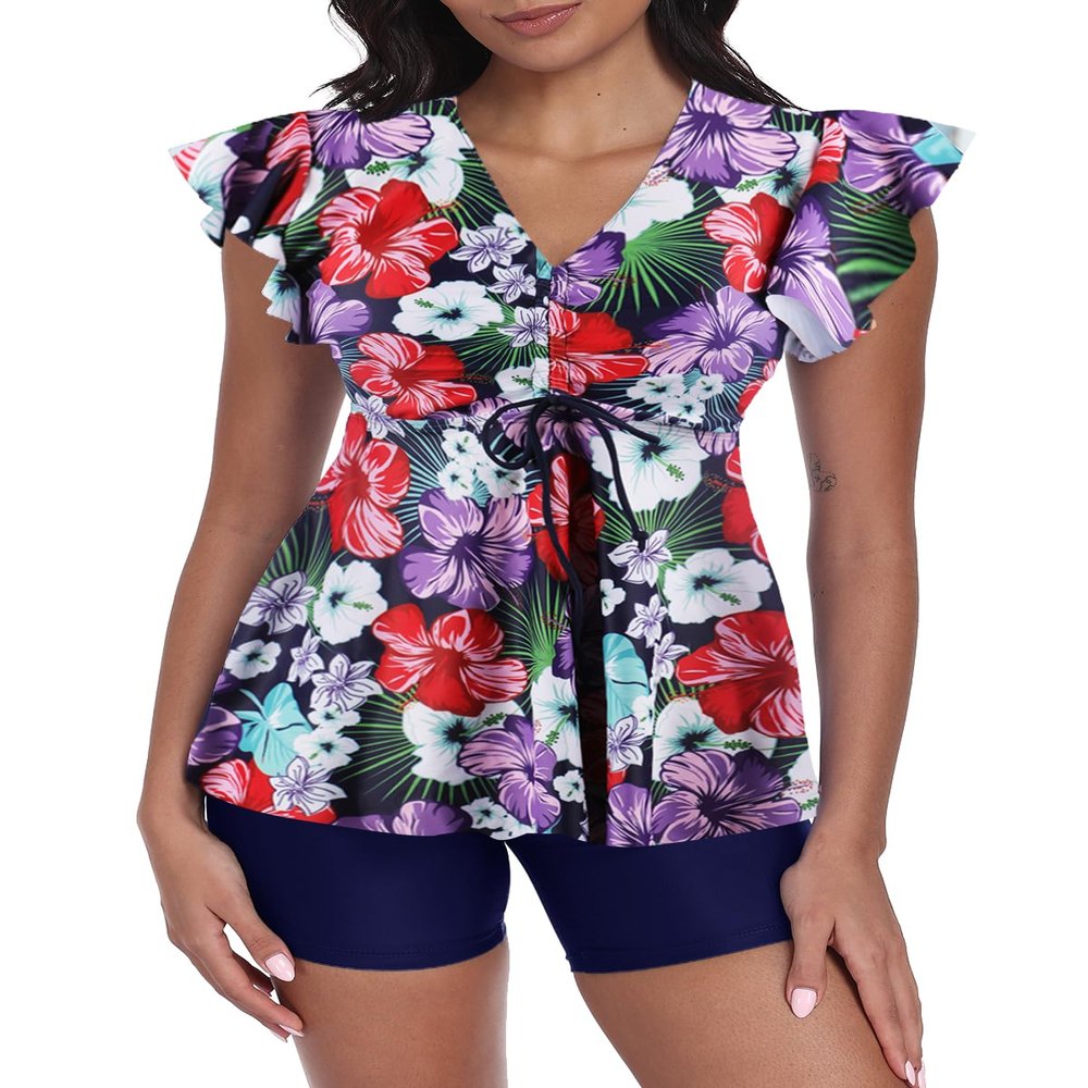 ECUPPER Women Short Sleeve Tankini Swim Dress Ruffled Flowy Skirt Swimsuits Tummy Control Two Piece Bathing Suits with Shorts Purple Flower Small