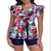 ECUPPER Women Short Sleeve Tankini Swim Dress Ruffled Flowy Skirt Swimsuits Tummy Control Two Piece Bathing Suits with Shorts Purple Flower Small view 1