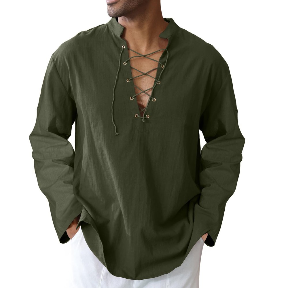 Men's Cotton Linen Shirt Loose Fit Arm Tops Medieval Viking Pirate Renaissance Halloween Costume Army green 4XL