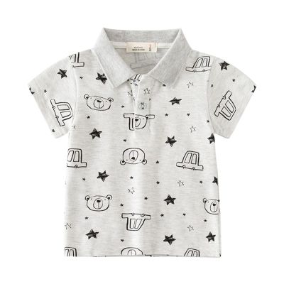 Toddler Baby Boy Polo Shirt Kids Button Up T Shirt Short Sleeve Cartoon Print T-Shirts Cute Graphic (Grey, 2-3 Years)