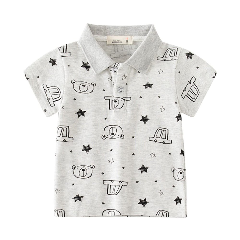 Toddler Baby Boy Polo Shirt Kids Button Up T Shirt Short Sleeve Cartoon Print T-Shirts Cute Graphic (Grey, 2-3 Years)