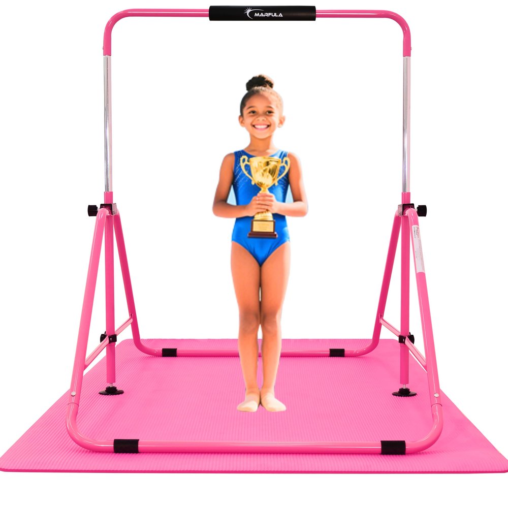 MARFULA Kip Bar Folding Gymnastic Bar with 5 FT Base Length 9 Height Levels Gymnastic Training Bar for Girls and Boys Between 3-9 Years Old at Home and Club Use