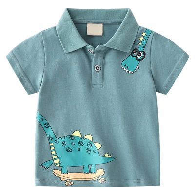 NineFit Basics Toddler Boys Polo Shirt Baby Cute Short Sleeve Shirt Cartoon Dinosaur Pattern Tee Summer (Light Blue, 18-24 Months)