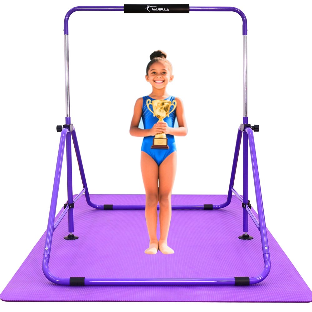 MARFULA Kip Bar Folding Gymnastic Bar with 5 FT Base Length 9 Height Levels Gymnastic Training Bar for Girls and Boys Between 3-9 Years Old at Home and Club Use