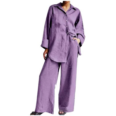 Rkwins Linen Set for Women Summer 2 Piece Outfits Button Down Shirt and Pants Set Casual Loungewear Sets Wide Leg Pants Set Purple