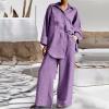 Rkwins Linen Set for Women Summer 2 Piece Outfits Button Down Shirt and Pants Set Casual Loungewear Sets Wide Leg Pants Set Purple view 2