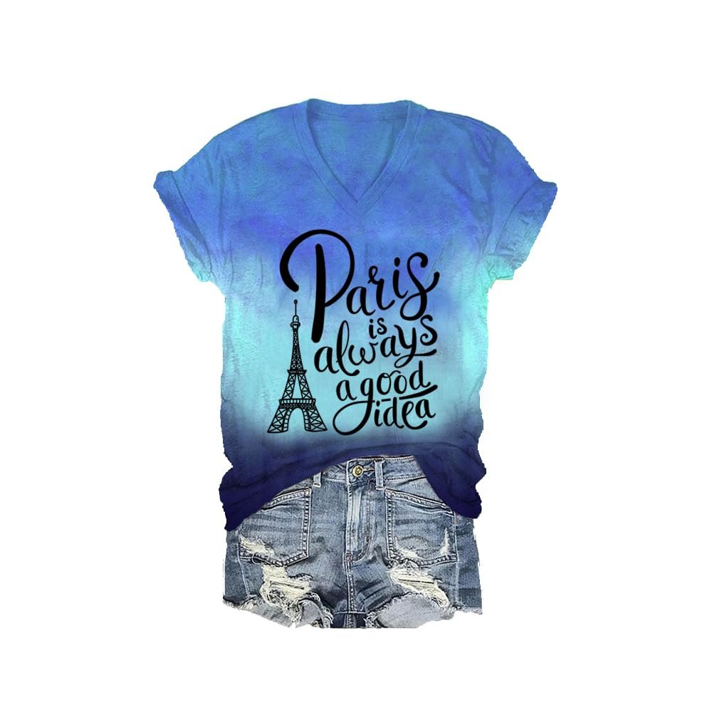 NineFit Basics Paris is Always A Good Idea T-Shirt Paris is Always A Good Idea Shirt V Neck Travel Tshirts for Women Short Sleeve Casual Loose Tshirt Ocean, X-Large