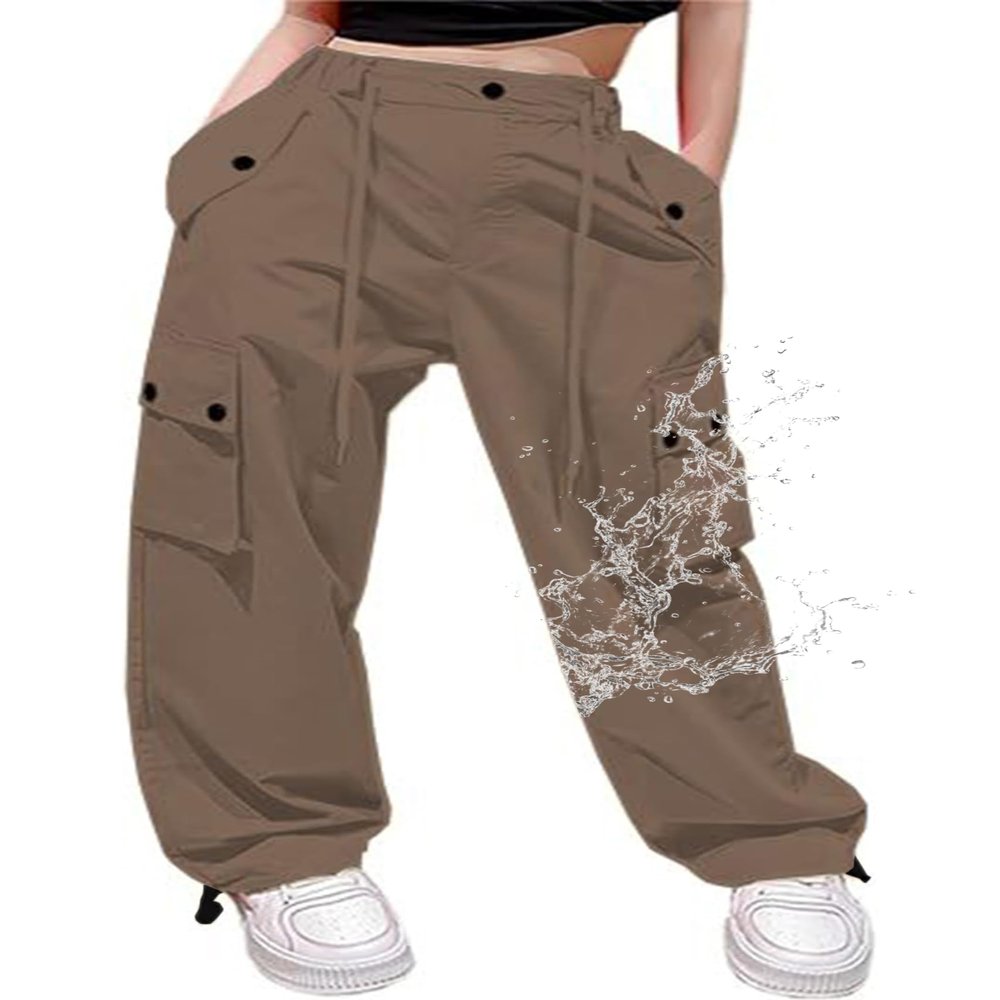 Cromoncent Girls High Waist Parachute Pants Y2K Cargo Trousers with Pockets, Coffee, 7-8 Years = Tag 140