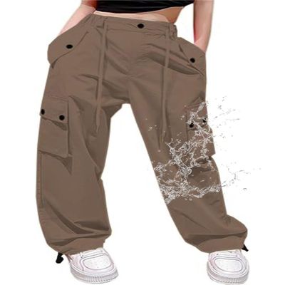 Cromoncent Girls High Waist Parachute Pants Y2K Cargo Trousers with Pockets, Coffee, 13-14 Years = Tag 170