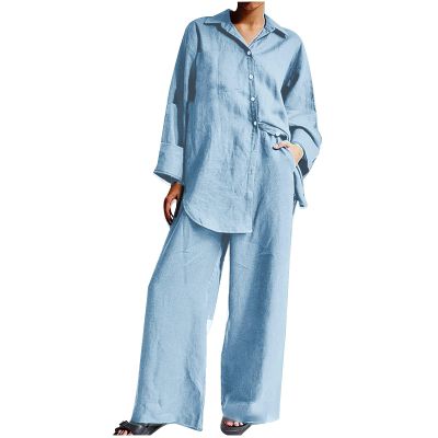 Rkwins Linen Set for Women Summer 2 Piece Outfits Button Down Shirt and Pants Set Casual Loungewear Sets Wide Leg Pants Set Blue