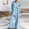Rkwins Linen Set for Women Summer 2 Piece Outfits Button Down Shirt and Pants Set Casual Loungewear Sets Wide Leg Pants Set Blue view 2
