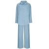 Rkwins Linen Set for Women Summer 2 Piece Outfits Button Down Shirt and Pants Set Casual Loungewear Sets Wide Leg Pants Set Blue view 4
