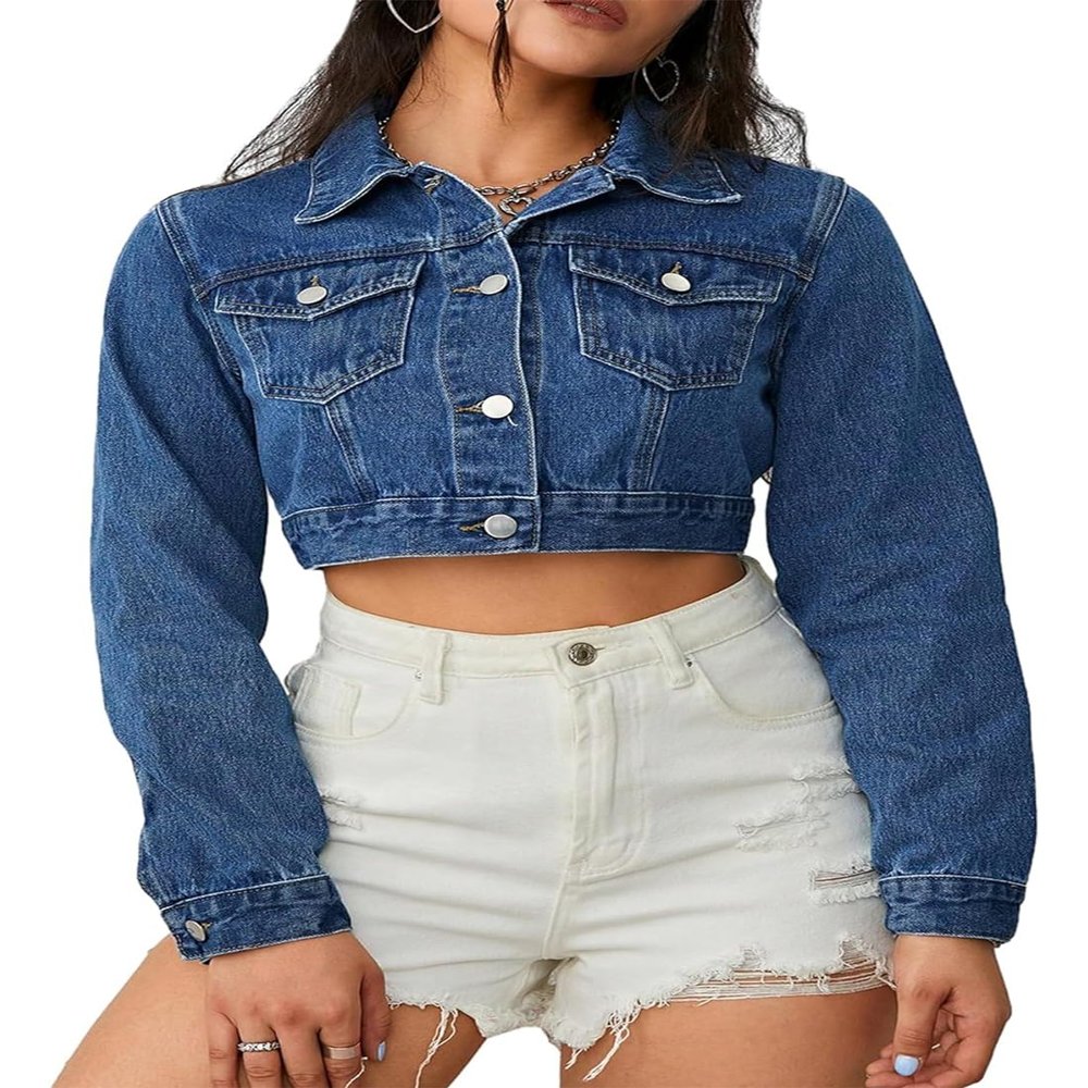 RomMoon Women's Denim Jackets Cropped Jean Jacket Long Sleeve Casual Button Down Crop Jean Jacket
