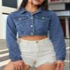 RomMoon Women's Denim Jackets Cropped Jean Jacket Long Sleeve Casual Button Down Crop Jean Jacket view 2