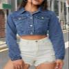 RomMoon Women's Denim Jackets Cropped Jean Jacket Long Sleeve Casual Button Down Crop Jean Jacket view 4