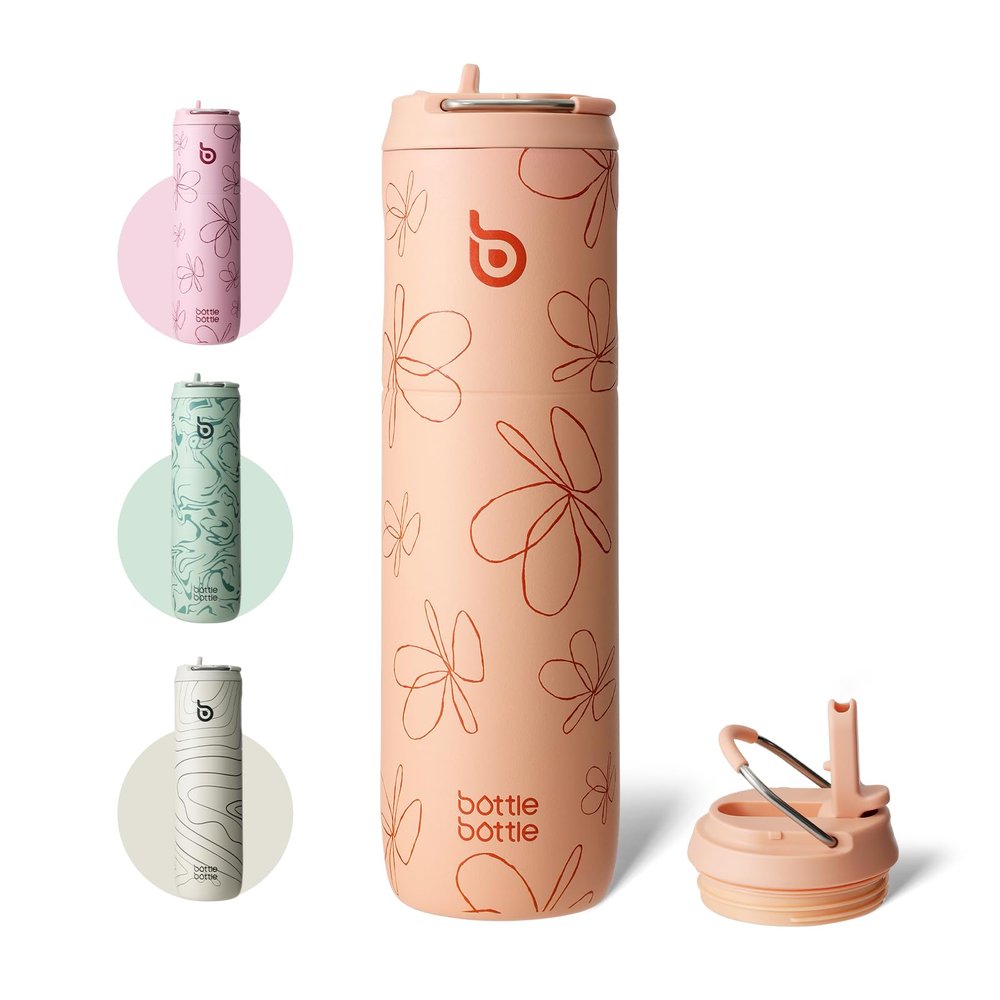 BOTTLE BOTTLE Insulated Water Bottle 24oz with Straw Lid and Handle for Sports Travel Gym Stainless Steel Water Bottles Double-Wall Vacuum Metal Leak Proof BPA-Free (Petal Passion)
